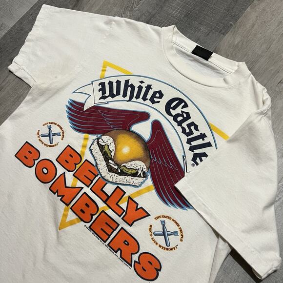 VTG White Castle Belly Bombers White Big Graphic 80s Cheeseburger T Shirt Sz L - Picture 5 of 6